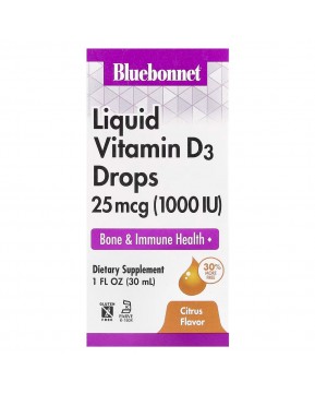 Bluebonnet Nutrition, жидкий витамин D3 в каплях, цитрус, 25 мкг (1000 МЕ), 30 мл (1 жидк. унция)